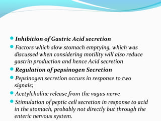 Inhibition of Gastric Acid secretion
Factors which slow stomach emptying, which was
discussed when considering motility ...