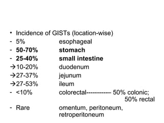 • Incidence of GISTs (location-wise)
- 5% esophageal
- 50-70% stomach
- 25-40% small intestine
10-20% duodenum
27-37% jejunum
27-53% ileum
- <10% colorectal----------– 50% colonic;
50% rectal
- Rare omentum, peritoneum,
retroperitoneum
 