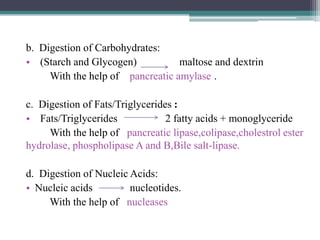 b. Digestion of Carbohydrates:
• (Starch and Glycogen)
maltose and dextrin
With the help of pancreatic amylase .
c. Digestion of Fats/Triglycerides :
• Fats/Triglycerides
2 fatty acids + monoglyceride
With the help of pancreatic lipase,colipase,cholestrol ester
hydrolase, phospholipase A and B,Bile salt-lipase.
d. Digestion of Nucleic Acids:
• Nucleic acids
nucleotides.
With the help of nucleases

 
