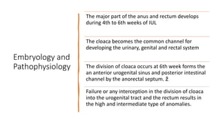 Embryology and
Pathophysiology
The major part of the anus and rectum develops
during 4th to 6th weeks of IUL
The cloaca becomes the common channel for
developing the urinary, genital and rectal system
The division of cloaca occurs at 6th week forms the
an anterior urogenital sinus and posterior intestinal
channel by the anorectal septum. ž
Failure or any interception in the division of cloaca
into the urogenital tract and the rectum results in
the high and intermediate type of anomalies.
 