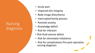 Nursing
diagnosis
• Acute pain
• Impaired skin integrity
• Body image disturbance
• Interrupted family process
• Parental anxiety
• Knowledge deficit
• Risk for infection
• Risk fluid volume deficit
• Risk for electrolyte imbalance
• Risk for complications Pre-post operative
nursing diagnosis
 