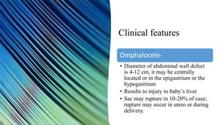 Clinical features
Omphalocele-
• Diameter of abdominal wall defect
is 4-12 cm, it may be centrally
located or in the epigastrium or the
hypogastrium
• Results to injury to baby’s liver
• Sac may rupture in 10-20% of case;
rupture may occur in utero or during
delivery.
 