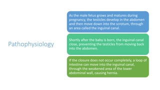 Pathophysiology
As the male fetus grows and matures during
pregnancy, the testicles develop in the abdomen
and then move down into the scrotum, through
an area called the inguinal canal.
Shortly after the baby is born, the inguinal canal
close, preventing the testicles from moving back
into the abdomen.
If the closure does not occur completely, a loop of
intestine can move into the inguinal canal,
through the weakened area of the lower
abdominal wall, causing hernia.
 