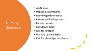 Nursing
diagnosis
• Acute pain
• Impaired skin integrity
• Body image disturbance
• Interrupted family process
• Parental anxiety
• Knowledge deficit
• Risk for infection
• Risk fluid volume deficit
• Risk for electrolyte imbalance
 