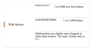 Risk factors
OMPHALOCELE
1 in 5,000 new born babies
GASTROSCHISIS 1 in 11,000 babies
Malformation are slightly more frequent in
males than females. The male- female ratio is
5:1.
 