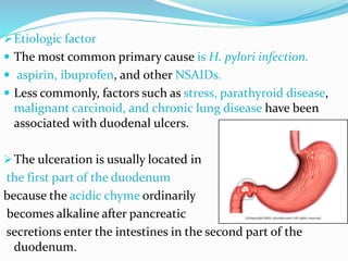 Etiologic factor
 The most common primary cause is H. pylori infection.
 aspirin, ibuprofen, and other NSAIDs.
 Less commonly, factors such as stress, parathyroid disease,
malignant carcinoid, and chronic lung disease have been
associated with duodenal ulcers.
The ulceration is usually located in
the first part of the duodenum
because the acidic chyme ordinarily
becomes alkaline after pancreatic
secretions enter the intestines in the second part of the
duodenum.
 