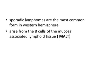 • sporadic lymphomas are the most common
form in western hemisphere
• arise from the B cells of the mucosa
associated lymphoid tissue ( MALT)
 