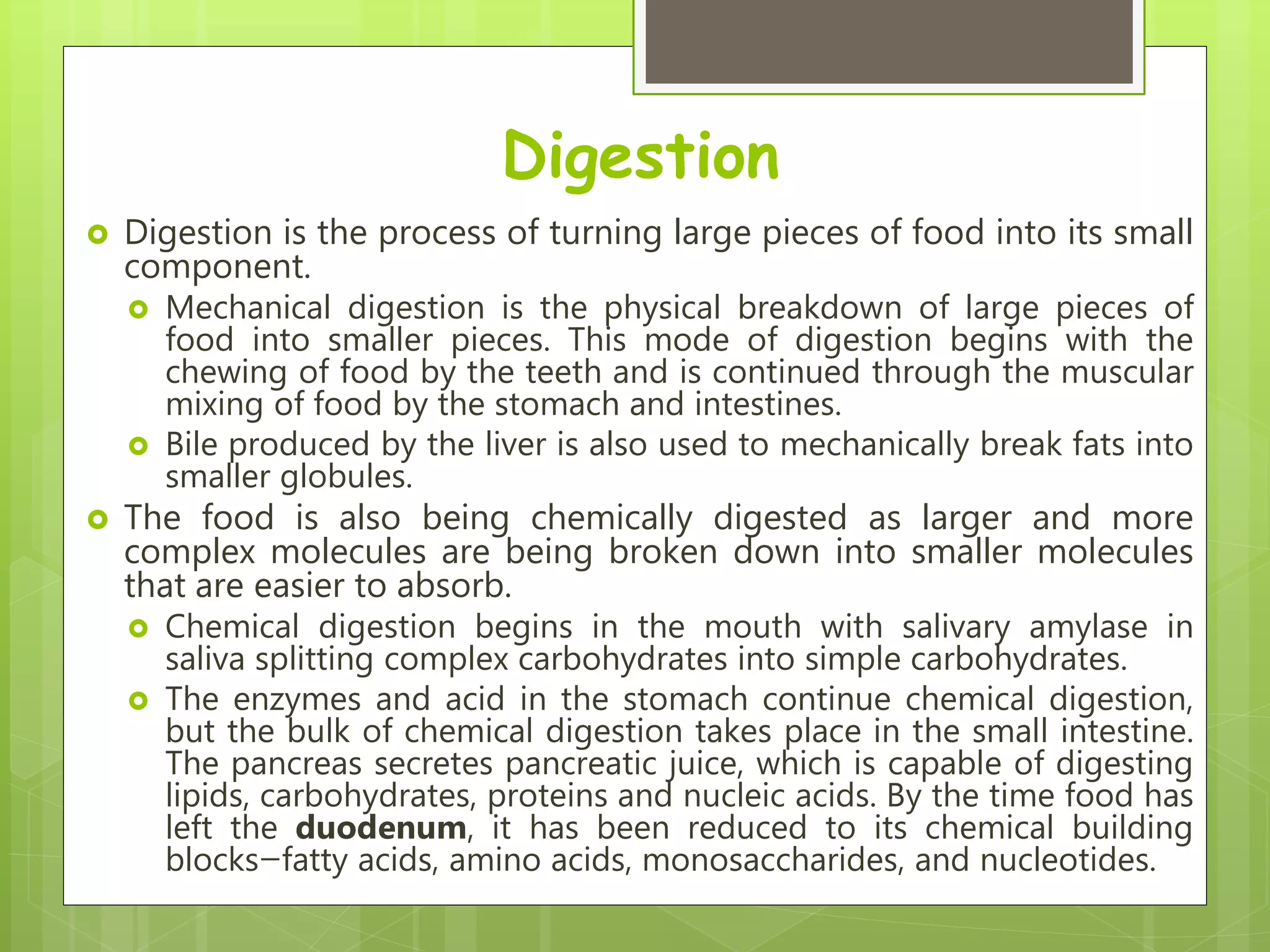 Digestion
 Digestion is the process of turning large pieces of food into its small
component.
 Mechanical digestion is the physical breakdown of large pieces of
food into smaller pieces. This mode of digestion begins with the
chewing of food by the teeth and is continued through the muscular
mixing of food by the stomach and intestines.
 Bile produced by the liver is also used to mechanically break fats into
smaller globules.
 The food is also being chemically digested as larger and more
complex molecules are being broken down into smaller molecules
that are easier to absorb.
 Chemical digestion begins in the mouth with salivary amylase in
saliva splitting complex carbohydrates into simple carbohydrates.
 The enzymes and acid in the stomach continue chemical digestion,
but the bulk of chemical digestion takes place in the small intestine.
The pancreas secretes pancreatic juice, which is capable of digesting
lipids, carbohydrates, proteins and nucleic acids. By the time food has
left the duodenum, it has been reduced to its chemical building
blocks—fatty acids, amino acids, monosaccharides, and nucleotides.
 