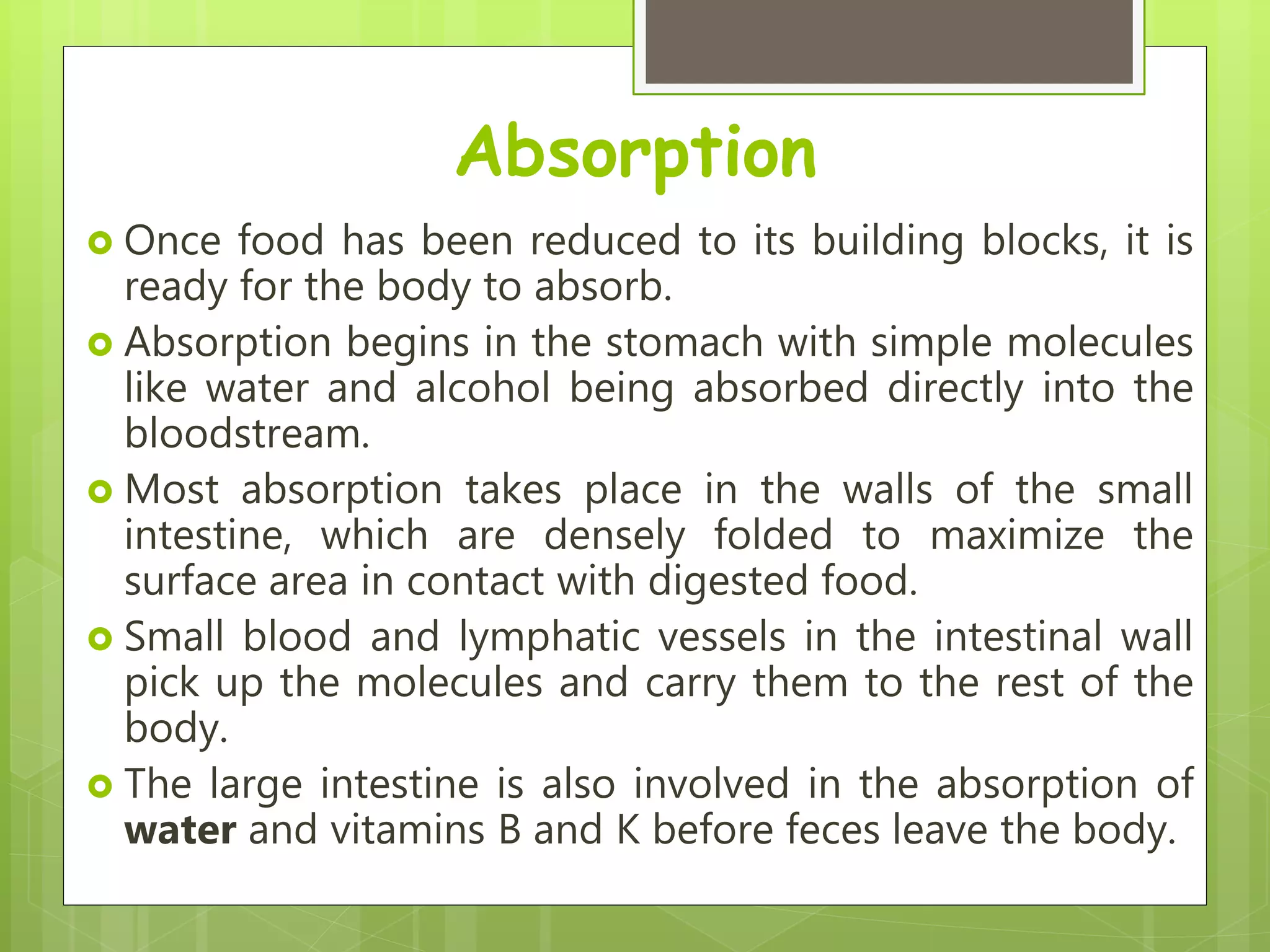 Absorption
 Once food has been reduced to its building blocks, it is
ready for the body to absorb.
 Absorption begins in the stomach with simple molecules
like water and alcohol being absorbed directly into the
bloodstream.
 Most absorption takes place in the walls of the small
intestine, which are densely folded to maximize the
surface area in contact with digested food.
 Small blood and lymphatic vessels in the intestinal wall
pick up the molecules and carry them to the rest of the
body.
 The large intestine is also involved in the absorption of
water and vitamins B and K before feces leave the body.
 