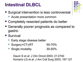 Intestinal DLBCL
 Surgical intervention is less controversial
 Acute presentation more common
 Completely resected patients do better
 Generally poorer prognosis as compared to
gastric
 Survival
 Early stage disease better
 Surgery+CT+RT 50-70%
 Single modality 30-50%
Koniaris LG et al: J Am Coll Surg 2003; 197:127
Daum S et al: J Clin Oncol 2003; 21:2740
 