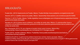 BIBLIOGRAFÍA
Puebla Mío. (2015) Gastronomía de Puebla, México: Puebla Míohttp://www.pueblamio.com/gastronomia.html
Sexenio (2014), 6 platillos típicos de puebla, México: Sexeniohttp://www.sexenio.com.mx/articulo.php?id=44948
Ramírez V. (2013) Puebla, México: Tortilla digitalhttp://www.tortilladigital.com/v3/historia/historia-estado/item/historia-
gastronomia-estado-de-puebla
Montalvo M. (2013),Dulces típicos poblanos: Las tortitas de santa clara, México: E-culturismohttp://www.e-
culturismo.com/portal/turismo/placeres-gustosos/comida-tipica-placeres-gustosos/dulces-tipicos-poblanos-las-
tortitas-de-santa-clara
Muy Interesante (2014), En sus orígenes el pozole incluía carne humana, México:Muy
Interesantehttp://www.muyinteresante.com.mx/historia/13/11/15/origen-pozole/
Puebla (2015), cemitas poblanas, México: Pueblahttp://www.puebla.travel/es/experiencias/tradicion-
culinaria/item/cemitas-poblanas
CONACULTA (2014), la gastronomía poblana fusionó las cocinas mexica yeuropea, México:
CONACULTAhttp://www.conaculta.gob.mx/noticias/patrimonio-cultural-arquitectura-y-turismo/11146-la-gastronomia-
poblana-fusiono-las-cocinas-mexica-y-europea.html
 