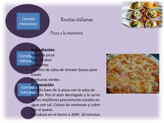 Comida
francesa
Comida
italiana
Comida
mexicanas
Recetas italianas
Ingredientes
Masa de pizza
50 g de atún
Mejillones
1/4 litro de salsa de tomate Queso para
fundir
Aceitunas verdes
Preparación
Unta la base de la pizza con la salsa de
tomate. Pon el atún desmigado y la carne
de los mejillones previamente cocidos en
agua con sal. Coloca las aceitunas y cubre
con el queso.
Introduce en el horno a 200º, 20 minutos.
Pizza a la marinera
 