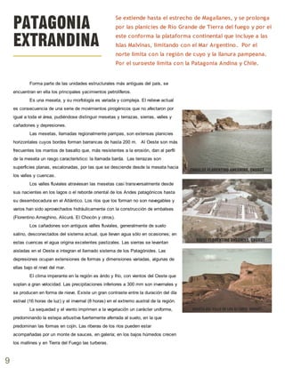 9
Forma parte de las unidades estructurales más antiguas del país, se
encuentran en ella los principales yacimientos petrolíferos.
Es una meseta, y su morfología es variada y compleja. El relieve actual
es consecuencia de una serie de movimientos pirogénicos que no afectaron por
igual a toda el área, pudiéndose distinguir mesetas y terrazas, sierras, valles y
cañadones y depresiones.
Las mesetas, llamadas regionalmente pampas, son extensas planicies
horizontales cuyos bordes forman barrancas de hasta 200 m. Al Oeste son más
frecuentes los mantos de basalto que, más resistentes a la erosión, dan al perfil
de la meseta un rasgo característico: la llamada barda. Las terrazas son
superficies planas, escalonadas, por las que se desciende desde la meseta hacia
los valles y cuencas.
Los valles fluviales atraviesan las mesetas casi transversalmente desde
sus nacientes en los lagos o el reborde oriental de los Andes patagónicos hasta
su desembocadura en el Atlántico. Los ríos que los forman no son navegables y
varios han sido aprovechados hidráulicamente con la construcción de embalses
(Florentino Ameghino, Alicurá, El Chocón y otros).
Los cañadones son antiguos valles fluviales, generalmente de suelo
salino, desconectados del sistema actual, que llevan agua sólo en ocasiones; en
estas cuencas el agua origina excelentes pastizales. Las sierras se levantan
aisladas en el Oeste e integran el llamado sistema de los Patagónides. Las
depresiones ocupan extensiones de formas y dimensiones variadas, algunas de
ellas bajo el nivel del mar.
El clima imperante en la región es árido y frío, con vientos del Oeste que
soplan a gran velocidad. Las precipitaciones inferiores a 300 mm son invernales y
se producen en forma de nieve. Existe un gran contraste entre la duración del día
estival (16 horas de luz) y el invernal (8 horas) en el extremo austral de la región.
La sequedad y el viento imprimen a la vegetación un carácter uniforme,
predominando la estepa arbustiva fuertemente aferrada al suelo, en la que
predominan las formas en cojín. Las riberas de los ríos pueden estar
acompañadas por un monte de sauces, en galería; en los bajos húmedos crecen
los mallines y en Tierra del Fuego las turberas.
PATAGONIA
EXTRANDINA
DIQUE FLORENTINO AMEGHINO, CHUBUT
MESETA DEL VALLE DE LOS ALTARES CHUBUT
EMBALSE FLORENTINO AMEGHINO, CHUBUT
Se extiende hasta el estrecho de Magallanes, y se prolonga
por las planicies de Río Grande de Tierra del fuego y por el
este conforma la plataforma continental que incluye a las
Islas Malvinas, limitando con el Mar Argentino. Por el
norte limita con la región de cuyo y la llanura pampeana.
Por el suroeste limita con la Patagonia Andina y Chile.
 