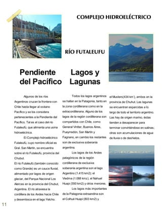Algunos de los ríos
Argentinos cruzan la frontera con
Chile hasta llegar al océano
Pacífico y se los considera
pertenecientes a la Pendiente del
Pacífico. Tal es el caso del río
Futaleufú, que alimenta una usina
hidroeléctrica.
El Complejo hidroeléctrico
Futaleufú, cuyo nombre oficial es
Gral. San Martín, se encuentra
sobre el río Futaleufú, provincia del
Chubut.
El río Futaleufú (también conocido
como Grande) es un cauce fluvial,
alimentado por lagos de origen
glaciar, del Parque Nacional Los
Alerces en la provincia del Chubut,
Argentina. El río atraviesa la
cordillera de los Andes hacia Chile
y desemboca en el lago Yelcho.
Todos los lagos argentinos
se hallan en la Patagonia, tanto en
la zona cordillerana como en la
extracordillerana. Alguno de los
lagos de la región cordillerana son
compartidos con Chile, como
General Vintter, Buenos Aires,
Pueyrredón, San Martín y
Fagnano, en cambio los restantes
son de exclusiva soberanía
argentina.
Los lagos de los Andes
patagónicos de la región
cordillerana de exclusiva
soberanía argentina son el lago
Argentino (1.415 km2); el
Viedma (1.088 kmz), el Nahuel
Huapi (550 km2) y otros menores.
Los lagos más importantes
de la Patagonia extraandina son
el Colhué Huapi (803 km2) y
el Musters(434 km’), ambos en la
provincia de Chuhut. Las lagunas
se encuentran esparcidas a lo
largo de todo el territorio argentino.
Las hay de origen marino, éstas
tienden a desaparecer para
terminar convirtiéndose en salinas;
otras son acumulaciones de agua
de lluvia o de deshielos.
COMPLEJO HIDROELÉCTRICO
Pendiente
del Pacífico
Lagos y
Lagunas
RÍO FUTALEUFU
11
 
