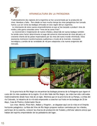 VITIVINICULTURA EN LA PATAGONIA
Tradicionalmente dos regiones de la Argentina se han caracterizado por la producción de
vinos: Mendoza y Salta. Pero desde no hace mucho tiempo los vinos patagónicos han tomado
fuerza y ya son varias las bodegas afincadas en esta región del sur argentino.
Lo interesante de estos nuevos emprendimientos es que se han lanzado a producir vinos de
media y alta gama conocidos como “vinos de las zonas frías”.
La reconversión e implantación de nuevos viñedos y desarrollo de nuevas bodegas también
ha tenido como factor determinante el auge del comercio internacional de vinos del país y el
creciente interés de los países importadores por los vinos del nuevo mundo vitivinícola. Estos
escenarios motivaron transformaciones cualitativas a través de la inversión, innovación
tecnológica y cambio de las variedades de vid para adaptarlas a las nuevas exigencias del
mercado.
En la provincia de Río Negro se encuentran las bodegas pioneras de la Patagonia que siguen el
curso del río más caudaloso de la región. En el Alto Valle del Río Negro, las vides han sido cultivadas
tradicionalmente desde hace más de un siglo. Mientras que en la provincia de La Pampa, a orillas del
río Colorado, la industria de la vid está empezando a cosechar sus frutos en las bodegas de 25 de
Mayo, Casa de Piedra y Gobernador Duval.
Los vinos -Merlot, Pinot Noir, Malbec y Viognier-, se degustan aquí con la vista en el límpido
horizonte patagónico. La Ruta del Vino de Río Negro propone realizar caminatas por los viñedos,
participar de la cosecha, conocer las chacras de producción de frutales y disfrutar sabores únicos que
hablan del espíritu emprendedor de los pobladores del lugar.
S A T I S F A
C
C
IÓ
N
GA
R
A
N
T I Z A D A
CALIDAD
DE
EXPORTACIÓN
15
 