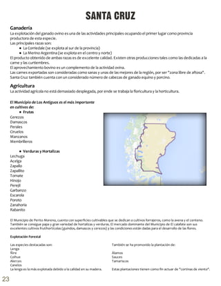 Ganadería
La explotación del ganado ovino es una de las actividades principales ocupando el primer lugar como provincia
productora de esta especie.
Las principales razas son:
● La Corriedale (se explota al sur de la provincia)
● La Merino Argentina (se explota en el centro y norte)
El producto obtenido de ambas razas es de excelente calidad. Existen otras producciones tales como las dedicadas a la
carne y las curtiembres.
El aprovechamiento bovino es un complemento de la actividad ovina.
Las carnes exportadas son consideradas como sanas y unas de las mejores de la región, por ser "zona libre de aftosa".
Santa Cruz también cuenta con un considerado número de cabezas de ganado equino y porcino.
El Municipio de Perito Moreno, cuenta con superficies cultivables que se dedican a cultivos forrajeros, como la avena y el centeno.
También se consigue papa y gran variedad de hortalizas y verduras. El mercado dominante del Municipio de El calafate son sus
excelentes cultivos frutihortícolas (guindos, damascos y cerezos) y las condiciones están dadas para el desarrollo de las flores.
El Municipio de Los Antiguos es el más importante
en cultivos de:
● Frutas
Cerezos
Damascos
Perales
Ciruelos
Manzanos
Membrilleros
● Verduras y Hortalizas
Lechuga
Acelga
Zapallo
Zapallito
Tomate
Hinojo
Perejil
Garbanzo
Escarola
Poroto
Zanahoria
Rabanito
SANTA CRUZ
Agricultura
La actividad agrícola no está demasiado desplegada, por ende se trabaja la floricultura y la horticultura.
Explotación Forestal
Las especies destacadas son:
Lenga
Ñire
Coihue
Alerces
Canelos
La lenga es la más explotada debido a la calidad en su madera.
También se ha promovido la plantación de:
Álamos
Sauces
Tamariscos
Estas plantaciones tienen como fin actuar de "cortinas de viento".
23
 
