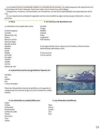 La actividad ictícola es considerable, debido a su extendido litoral oceánico. Las sedes pesqueras más importantes son
los Municipios de: Puerto Deseado, Puerto San Julián, Puerto Santa Cruz y Río Gallegos.
El langostino y el calamar, transformados y sin transformar, son dos de las especialidades más exportadas por Santa
Cruz.
Es muy importante la cantidad de vegetales marinos como también las algas marinas de gran dimensión y ricas en
proteínas.
● Los mariscos más abundantes son:
Centolla
Cholga
Mejillón
Calamar
Pulpo
Langostino
Krill antártico
En los lagos donde más se captura son el Cardiel y el Buenos Aires
obteniéndose salmónidos como:
Trucha arco iris
Trucha marrón
● Pesca
La variedad es muy amplia tales como:
Sardina fueguina
Centolla
Merluza de cola
Polaca
Merluza común
Merluza negra
Bacalao austral
Abadejo
Brótola
Cazón
Róbalo
Anchoíta
Pez gallo
Tiburón
Caballa
Corvina
Salmón de mar
● La provincia cuenta con grandiosas riquezas en:
Petróleo
Gas
Carbón
Oro
Y otros minerales
Posee las más grandes reservas de petróleo, es la segunda en
categoría por sus reservas de gas y la única creadora de carbón
mineral
● Los minerales no combustibles son:
Caolín
Arcillas
Carbonatos
Bicarbonatos
Sulfato de sodio
Titanio
Sal común
Yeso
Calizas
● Los minerales metalíferos:
Plata
Plomo
Estaño
Zinc
Oro
24
 