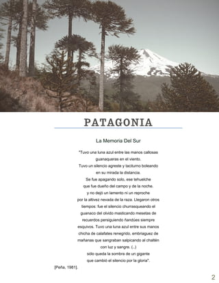 La Memoria Del Sur
"Tuvo una luna azul entre las manos callosas
guanaqueras en el viento.
Tuvo un silencio agreste y taciturno boleando
en su mirada la distancia.
Se fue apagando solo, ese tehuelche
que fue dueño del campo y de la noche.
y no dejó un lamento ni un reproche
por la altivez nevada de la raza. Llegaron otros
tiempos: fue el silencio churrasqueando el
guanaco del olvido masticando mesetas de
recuerdos persiguiendo ñandúes siempre
esquivos. Tuvo una luna azul entre sus manos
chicha de calafates renegrido, embriaguez de
mañanas que sangraban salpicando al chaltén
con luz y sangre. (..)
sólo queda la sombra de un gigante
que cambió el silencio por la gloria".
[Peña, 1981].
PATAGONIA
2
 
