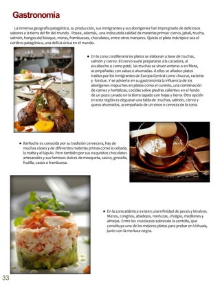 Gastronomía
La inmensa geografía patagónica, su producción, sus inmigrantes y sus aborígenes han impregnado de deliciosos
sabores a la tierra del fin del mundo. Posee, además, una indiscutida calidad de materias primas: ciervo, jabalí, trucha,
salmón, hongos del bosque, moras, frambuesas, chocolates, entre otros manjares. Quizás el plato más típico sea el
cordero patagónico, una delicia única en el mundo.
● En la zona cordillerana los platos se elaboran a base de truchas,
salmón y ciervo. El ciervo suele prepararse a la cazadora, al
escabeche o como paté; las truchas se sirven enteras o en filete,
acompañadas con salsas o ahumadas. A ellos se añaden platos
traídos por los inmigrantes de Europa Central como chucrut, raclette
y fondue. Y se advierte en su gastronomía la influencia de los
aborígenes mapuches en platos como el curanto, una combinación
de carnes y hortalizas, cocidas sobre piedras calientes en el fondo
de un pozo cavado en la tierra tapado con hojas y tierra. Otra opción
en esta región es degustar una tabla de truchas, salmón, ciervo y
queso ahumados, acompañada de un vinos o cerveza de la zona.
● Bariloche es conocida por su tradición cervecera, hay de
muchas clases y de diferentes materias primas como la cebada,
la malta y el lúpulo. Pero también por sus exquisitos chocolates
artesanales y sus famosos dulces de mosqueta, saúco, grosella,
frutilla, cassis o frambuesa.
● En la zona atlántica existen una infinidad de peces y bivalvos.
Meros, congrios, abadejos, merluzas, cholgas, mejillones y
almejas. Entre los crustáceos sobresale la centolla, que
constituye uno de los mejores platos para probar en Ushuaia,
junto con la merluza negra.
33
 