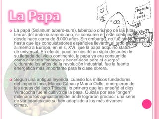 Tradición y Gastronomía serranaMantiene aun la relación pagana con la naturaleza y esta presente en todas sus celebraciones. La comida mas representativa de esta tradición es la pachamanca, para la cual se construye un horno en la tierra, donde se cocinan papas, habas, choclos y diferentes carnes, acompañadas de hierbas y especias. Los pucheros, la patasca y el caldo de cabeza de cordero son los caldos preferidos cuando el frio arrecia. Las carnes en charqui y el cuy se comen en guisos y adobos. Las papas con salsa huancaína o de Ocopa son tan irresistibles como las tentaciones arequipeñas del rocoto relleno y el chupe de camarones o el cusqueño cordero al horno.