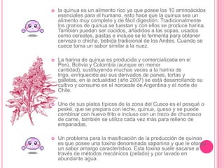 Actualmente tenemos variedades regionales en la elaboración de ricos potajes de maíz. En el norte es muy popular el pepián, guiso elaborado con choclo rallado mezclado con un ahogado de cebolla, ajos y ají y que adquiere un sabor particular al ser cocido con presas de pavita. En Arequipa se come el soltero (con habas, maíz, cebolla y aderezos con queso fresco). En la selva, uno de los potajes típicos, el inchicapi, es elaborado con gallina sancochada en un guiso de maíz y maní tostados. Entre los postres es conocido el sanguito (elaborado con harina de maíz amarillo, manteca, pasas y chancaca).Además, este ingrediente ancestral se utiliza para preparar los tamales y humitas de todos los colores y sabores (verdes, morenos y amarillos; dulces y salados); la chicha morada o de jora y la clásica mazamorra, para las más variadas ocasiones.