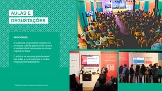 AULAS E
DEGUSTAÇÕES
AUDITÓRIOS
2 auditórios proprietários recebem os
principais chef da gastronomia carioca
e também chefs renomados de outras
regiões do Brasil.
O público se inscreve gratuitamente*
nas aulas e pode saborear a receita
feita pelo chef palestrante.
* Mediante compra do ingresso de acesso ao evento
 