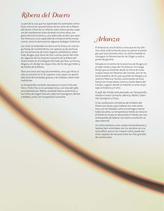 Ribera del Duero
La piel de la uva, que ha soportado los contrastes climá-
ticos, marca las características de los vinos de la Ribera
del Duero.Vinos de un intenso color cereza picota, capa-
ces de mantenerse vivos durante muchos años, con
gran estructura tánica y una adecuada acidez, que apor-
tan frescura y una capacidad de envejecimiento excep-
cional, como lo demuestran algunas bodegas históricas.
Las viñas se extienden en torno al río Duero, en una lar-
ga franja de 115 kilómetros, con apenas 35 de anchura,
por las provincias de Soria, Segovia,Valladolid y, sobre
todo, Burgos, que tiene las tres cuartas partes del viñe-
do. Algunos de los mejores majuelos de la Ribera del
Duero están en el triángulo formado por Roa, La Horra y
Anguix, sin olvidar las viejas viñas de los dos gumieles y
de Sotillo de la Ribera.
Para una zona con baja pluviometría, unos 430 litros al
año, la cercanía al río le suponen a las cepas un aporte
adicional de humedad, gracias a las nieblas, sobre todo
matutinas.
La Tempranillo, también llamada en la zona Tinto del
País o Tinto Fino, es la variedad reina, con más del 93%,
acompañada por Albillo, variedad blanca autóctona, y
las tintas de origen francés Cabernet Sauvignon, Merlot
y Malbec, junto con la española Garnacha.
Arlanza
El Arlanza es una histórica zona que en los últi-
mos años está luchando para recuperar el presti-
gio que tuvo durante años. Su última batalla es
conseguir la Denominación de Origen y está a
punto de ganarla.
Situada en el centro de la provincia de Burgos, en
el valle medio y bajo del río Arlanza. Una larga
franja que se extiende desde la Sierra de Cova-
rrubias hasta los Páramos del Cerrato. Son en to-
tal 67 pueblos, de los que 54 están en Burgos y el
resto en Palencia. Puntos culminantes de esta
franja son Covarrubias, Lerma y Santa María del
Campo. Lugares donde se mezclan el arte, el pai-
saje, la historia y el vino.
El 95% del viñedo está plantado con Tempranillo,
siendo el resto Garnacha, Mencía, Albillo, Caber-
net Sauvignon y Viura.
Si las condiciones climáticas de la Ribera del
Duero son duras, aquí todavía son más extre-
mas, con las heladas como el enemigo a temer
todos los años. La temperatura media se sitúa en
el límite en el que se desarrolla el viñedo, por eso
la búsqueda de laderas con buena insolación es
aquí esencial.
Un clima extremo, unos suelos extraordinarios y
laderas bien orientadas son los secretos de una
zona difícil, que en los mejores años puede dar
vinos capaces de situarse entre los más grandes
de nuestro país.
 