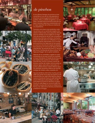 de pinchos
En los últimos tiempos, los pinchos se han
convertido en uno de los más populares y
atractivos reclamos gastronómicos de los
pueblos, villas y ciudades burgalesas. Las sur-
tidas y variadas barras de buena parte de sus
bares, mesones, tabernas y restaurantes son
el mejor expositor de la frescura creativa de
sus propietarios.
Teniendo como base unas excelentes mate-
rias primas y con un profundo respeto a los
sabores tradicionales, estas pequeñas delicias
para los sentidos se han erigido en la mejor
carta de presentación de las más innovadoras
tendencias y técnicas culinarias. Una buena
muestra de todo ello se ve reflejada en las dis-
tintas iniciativas relacionadas con el mundo
de los pinchos y las tapas que se han puesto
en marcha en las tres principales localidades
de la provincia: el“Concurso de Tapas, Pinchos
y Banderillas”de Aranda de Duero, la“Semana
del Pincho”de Miranda de Ebro y la feria“De
Tapas por Burgos”, de la capital castellana.
Además de las novedades surgidas en estos
certámenes, en las que incluso sus nombres
se hacen llamativos, el listado de pinchos y ta-
pas tradicionales puede ser interminable:
morcilla frita, chorizo a la brasa, morros de
ternera, manitas de cordero, cecina cocida, ca-
pataces, tigres, cojonudos y cojonudas, cro-
quetas, patatas bravas, huevos rellenos, baca-
lao rebozado, pimientos rellenos de morcilla,
mollejas de cordero, callos, caracoles, etc.
Hay que perderse, entre otras muchas, por las
calles que parten de la plaza de España en Mi-
randa de Ebro, las calles Isilla, Boticas y Barrio-
nuevo en Aranda de Duero, la calle Santa Ma-
rina en Villarcayo, la plaza Mayor y la calle
Santa María Encimera en Briviesca, la plaza
Ducal y la calle Mayor en Lerma, la calle Con-
destable y la plaza del Carmen en Medina de
Pomar y las calles de los Herreros, Sombrerería
y Avellanos en Burgos.
 
