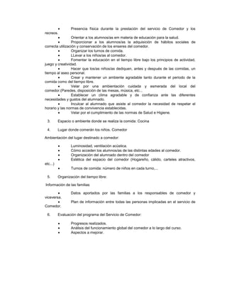 Presencia física durante la prestación del servicio de Comedor y los
recreos.
Orientar a los alumnos/as em materia de educación para la salud.
Proporcionar a los alumnos/as la adquisición de hábitos sociales de
correcta utilización y conservación de los enseres del comedor.
Organizar los turnos de comida.
LLevar a los niños/as al comedor.
Fomentar la educación en el tiempo libre bajo los principios de actividad,
juego y creatividad.
Hacer que los/as niños/as dediquen, antes y después de las comidas, un
tiempo al aseo personal.
Crear y mantener un ambiente agradable tanto durante el periodo de la
comida como del tiempo libre.
Velar por una ambientación cuidada y esmerada del local del
comedor.(Paredes, disposición de las mesas, música, etc...
Establecer un clima agradable y de confianza ante las diferentes
necesidades y gustos del alumnado.
Inculcar al alumnado que asiste al comedor la necesidad de respetar el
horario y las normas de convivencia establecidas.
Velar por el cumplimiento de las normas de Salud e Higiene.
3. Espacio o ambiente donde se realiza la comida: Cocina
4. Lugar donde comerán los niños. Comedor
Ambientación del lugar destinado a comedor:
Luminosidad, ventilación acústica.
Cómo acceden los alumnos/as de las distintas edades al comedor.
Organización del alumnado dentro del comedor
Estética del espacio del comedor (Hogareño, cálido, carteles atractivos,
etc...)
Turnos de comida: número de niños en cada turno,...
5. Organización del tiempo libre:
Información de las familias
Datos aportados por las familias a los responsables de comedor y
viceversa.
Plan de información entre todas las personas implicadas en el servicio de
Comedor.
6. Evaluación del programa del Servicio de Comedor:
Progresos realizados.
Análisis del funcionamiento global del comedor a lo largo del curso.
Aspectos a mejorar.
 