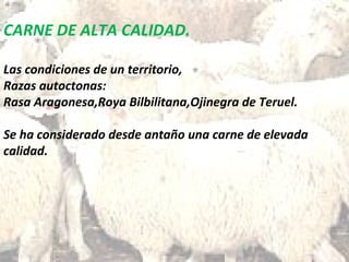 CARNE DE ALTA CALIDAD.
Las condiciones de un territorio,
Razas autoctonas:
Rasa Aragonesa,Roya Bilbilitana,Ojinegra de Teruel.
Se ha considerado desde antaño una carne de elevada
calidad.
 