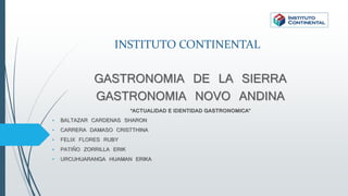 INSTITUTO CONTINENTAL
GASTRONOMIA DE LA SIERRA
GASTRONOMIA NOVO ANDINA
“ACTUALIDAD E IDENTIDAD GASTRONOMICA”
• BALTAZAR CARDENAS SHARON
• CARRERA DAMASO CRISTTHINA
• FELIX FLORES RUBY
• PATIÑO ZORRILLA ERIK
• URCUHUARANGA HUAMAN ERIKA
 