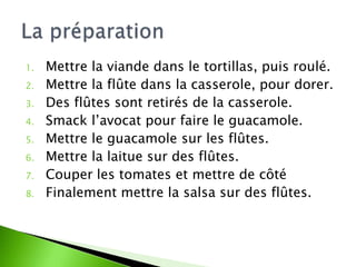 1.   Mettre la viande dans le tortillas, puis roulé.
2.   Mettre la flûte dans la casserole, pour dorer.
3.   Des flûtes sont retirés de la casserole.
4.   Smack l’avocat pour faire le guacamole.
5.   Mettre le guacamole sur les flûtes.
6.   Mettre la laitue sur des flûtes.
7.   Couper les tomates et mettre de côté
8.   Finalement mettre la salsa sur des flûtes.
 