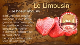 Il est une race bovine
française. Il joue d’une
grande renommée pour
la qualité de sa viande
issue d’une tradition
d’élevage reposant sur
la production
herbagère et le savoir-
faire des éleveurs
• Le boeuf limousin
 