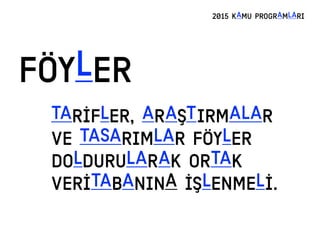 FÖYLER
2015 KAMU PROGRAMLARI
TARİFLER, ARAŞTIRMALAR
VE TASARIMLAR FÖYLER
DOLDURULARAK ORTAK
VERİTABANINA İŞLENMELİ.
 