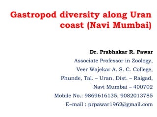 Gastropod diversity along Uran
coast (Navi Mumbai)
Dr. Prabhakar R. Pawar
Associate Professor in Zoology,
Veer Wajekar A. S. C. College,
Phunde, Tal. – Uran, Dist. – Raigad,
Navi Mumbai – 400702
Mobile No.: 9869616135, 9082013785
E–mail : prpawar1962@gmail.com
 
