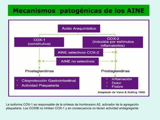 Mecanismos  patogénicas de los AINE La isoforma COX-1 es responsable de la síntesis de tromboxano A2, activador de la agregación plaquetaria. Los COXIB no inhiben COX-1 y en consecuencia no tienen actividad antiagregante. 