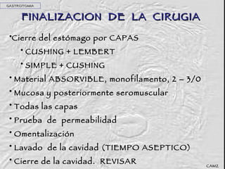 FINALIZACION  DE  LA  CIRUGIA Cierre del estómago por CAPAS CUSHING + LEMBERT SIMPLE + CUSHING Material ABSORVIBLE, monofilamento, 2 – 3/0 Mucosa y posteriormente seromuscular Todas las capas Prueba  de  permeabilidad Omentalización Lavado  de la cavidad (TIEMPO ASEPTICO) Cierre de la cavidad.  REVISAR GASTROTOMIA CAMZ 