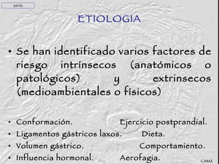 Se han identificado varios factores de riesgo intrínsecos (anatómicos o patológicos) y extrinsecos (medioambientales o físicos) Conformación.  Ejercicio postprandial. Ligamentos gástricos laxos.  Dieta. Volumen gástrico. Comportamiento. Influencia hormonal.  Aerofagia. Eructo. ETIOLOGIA SDVG CAMZ 
