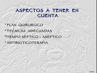 ASPECTOS  A  TENER  EN  CUENTA PLAN  QUIRURGICO TECNICAS  ADECUADAS  TIEMPO SEPTICO - ASEPTICO ANTIBIOTICOTERAPIA CAMZ 