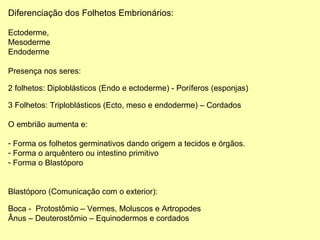 Diferenciação dos Folhetos Embrionários: Ectoderme,  Mesoderme  Endoderme Presença nos seres: 2 folhetos: Diploblásticos (Endo e ectoderme) - Poríferos (esponjas) 3 Folhetos: Triploblásticos (Ecto, meso e endoderme) – Cordados O embrião aumenta e: Forma os folhetos germinativos dando origem a tecidos e órgãos. Forma o arquêntero ou intestino primitivo Forma o Blastóporo Blastóporo (Comunicação com o exterior): Boca -  Protostômio – Vermes, Moluscos e Artropodes Ânus – Deuterostômio – Equinodermos e cordados 