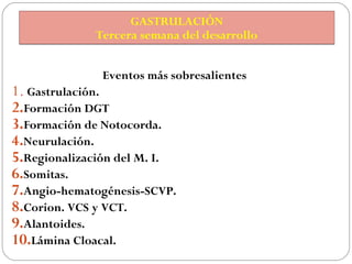 GASTRULACIÓN
             Tercera semana del desarrollo


              Eventos más sobresalientes
1. Gastrulación.
2.Form...