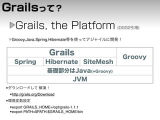 Groovy,Java,Spring,Hibernate




•
    •http://grails.org/Download
•
    •export GRAILS_HOME=/opt/grails-1.1.1
    •export PATH=$PATH:$GRAILS_HOME/bin
 