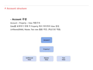 # Account structure
- Account 구성
Account – Property – View 계층구조
Data를 보호하기 위해 각 Property 에서 여러개의 View 생성.
Unfiltered(RAW), Master, Test view 활용 추천. (역순으로 적용)
 