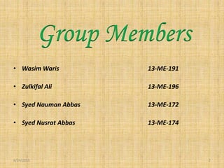 • Wasim Waris 13-ME-191
• Zulkifal Ali 13-ME-196
• Syed Nauman Abbas 13-ME-172
• Syed Nusrat Abbas 13-ME-174
6/24/2015 2
Group Members
 