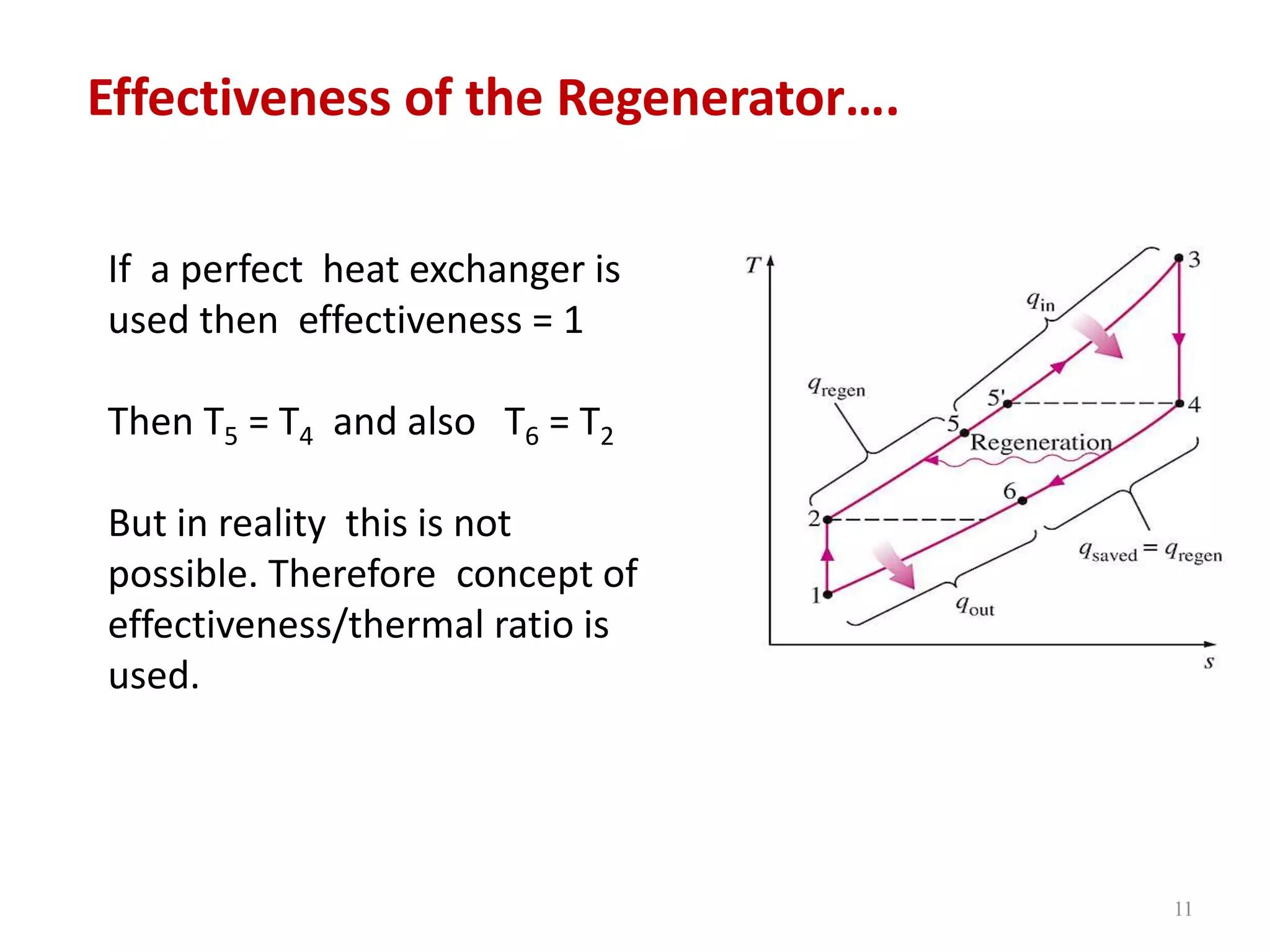 11
Effectiveness of the Regenerator….
If a perfect heat exchanger is
used then effectiveness = 1
Then T5 = T4 and also T6 = T2
But in reality this is not
possible. Therefore concept of
effectiveness/thermal ratio is
used.
 