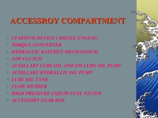 ACCESSROY COMPARTMENT
 STARTING DEVICE ( DIESEL ENGINE)
 TORQUE CONVERTER
 HYDRAULIC RATCHET MECHANISUM
 JAW CLUTCH
 AUXILLARY LUBE OIL AND EM LUBE OIL PUMP
 AUXILLARY HYDRAULIC OIL PUMP
 LUBE OIL TANK
 FLOW DIVIDER
 HIGH PRESSURE LIQUID FUEL FILTER
 ACCESSORY GEAR BOX
 