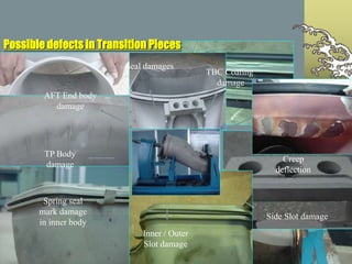 AFT End bracket
damage
Creep
deflection
AFT End body
damage
Seal damages
TP Body
damage
Spring seal
mark damage
in inner body
Inner / Outer
Slot damage
TBC Coating
damage
Side Slot damage
Possible defects in Transition Pieces
 