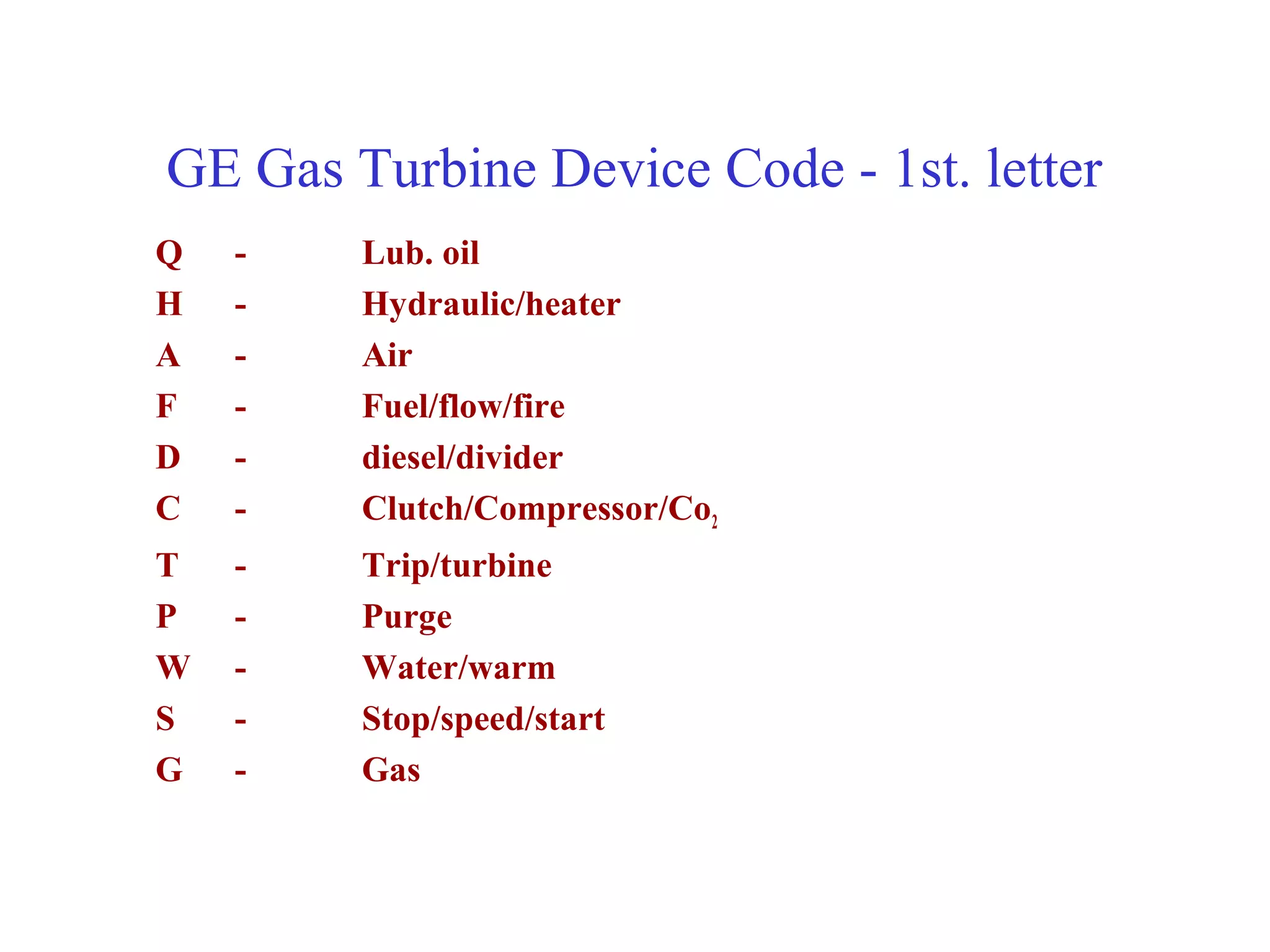 GE Gas Turbine Device Code - 1st. letter
Q   -   Lub. oil
H   -   Hydraulic/heater
A   -   Air
F   -   Fuel/flow/fire
D   -   diesel/divider
C   -   Clutch/Compressor/Co2
T   -   Trip/turbine
P   -   Purge
W   -   Water/warm
S   -   Stop/speed/start
G   -   Gas
 