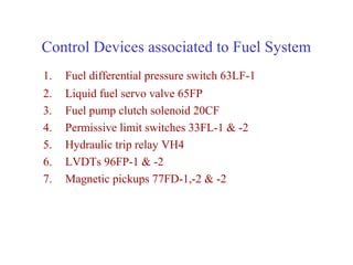 Control Devices associated to Fuel System
1.   Fuel differential pressure switch 63LF-1
2.   Liquid fuel servo valve 65FP
3.   Fuel pump clutch solenoid 20CF
4.   Permissive limit switches 33FL-1 & -2
5.   Hydraulic trip relay VH4
6.   LVDTs 96FP-1 & -2
7.   Magnetic pickups 77FD-1,-2 & -2
 