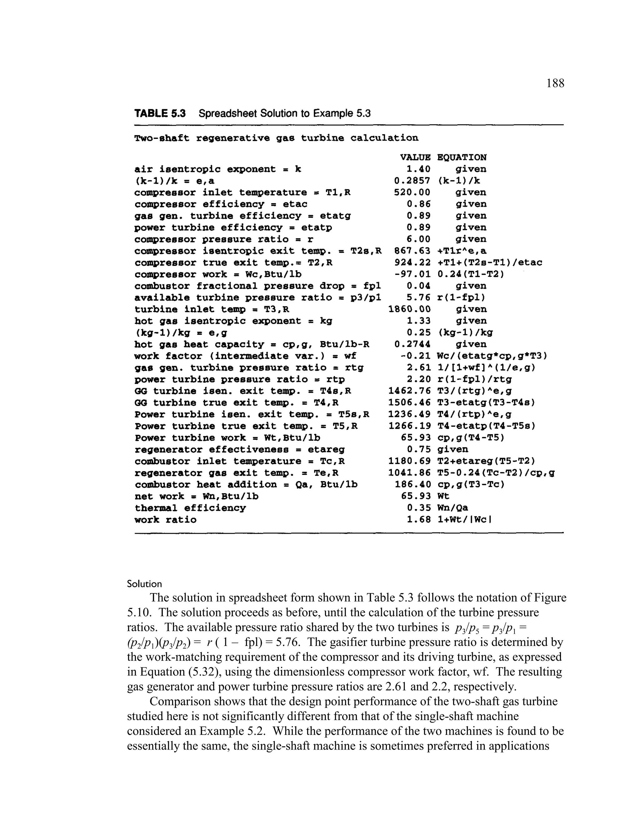 188
Solution
The solution in spreadsheet form shown in Table 5.3 follows the notation of Figure
5.10. The solution proceeds as before, until the calculation of the turbine pressure
ratios. The available pressure ratio shared by the two turbines is p3/p5 = p3/p1 =
(p2/p1)(p3/p2) = r ( 1 – fpl) = 5.76. The gasifier turbine pressure ratio is determined by
the work-matching requirement of the compressor and its driving turbine, as expressed
in Equation (5.32), using the dimensionless compressor work factor, wf. The resulting
gas generator and power turbine pressure ratios are 2.61 and 2.2, respectively.
Comparison shows that the design point performance of the two-shaft gas turbine
studied here is not significantly different from that of the single-shaft machine
considered an Example 5.2. While the performance of the two machines is found to be
essentially the same, the single-shaft machine is sometimes preferred in applications
 